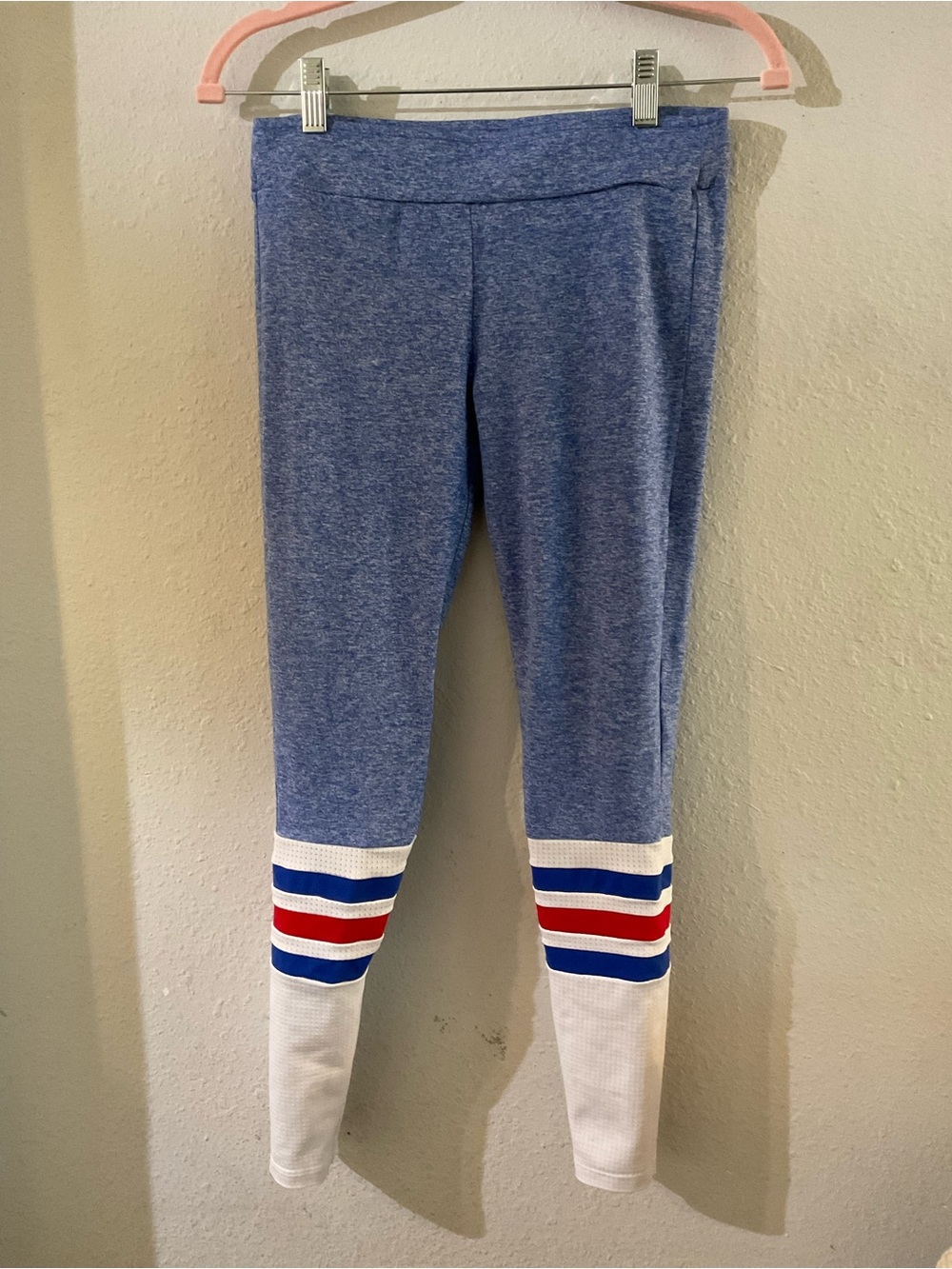 Bombshell Sportswear Blue Leggings with Red & White Stripe Cuffs